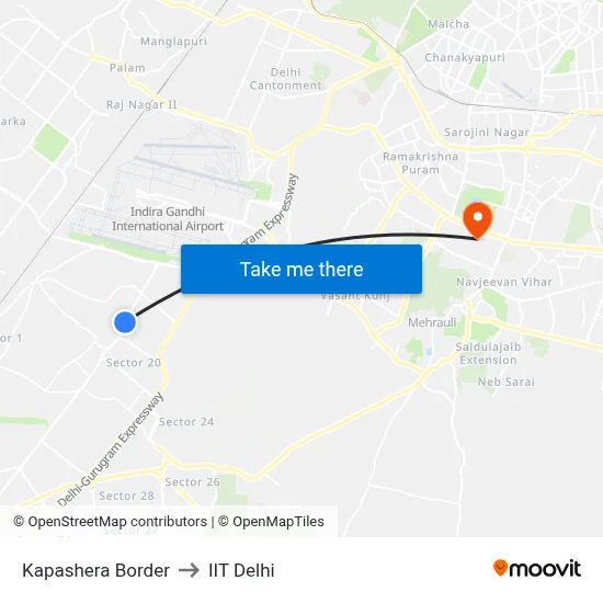 Kapashera Border to IIT Delhi map