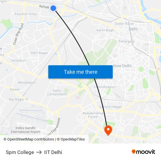 Spm College to IIT Delhi map