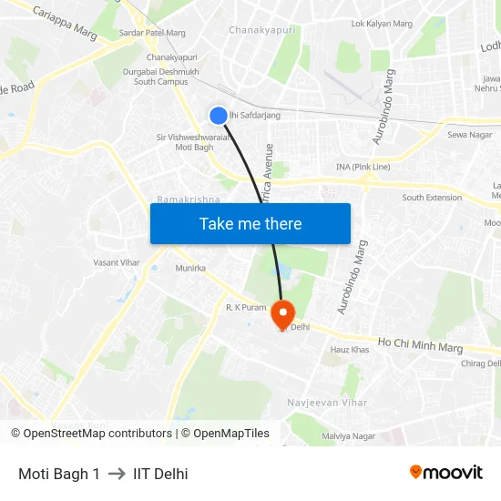 Moti Bagh 1 to IIT Delhi map