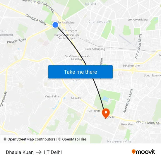 Dhaula Kuan to IIT Delhi map