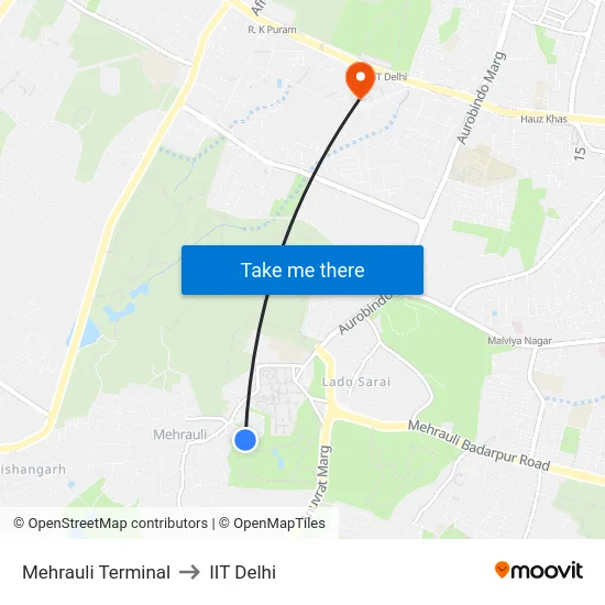 Mehrauli Terminal to IIT Delhi map