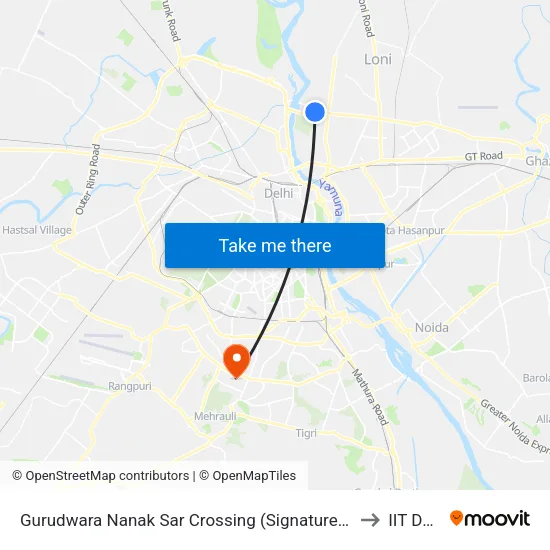 Gurudwara Nanak Sar Crossing (Signature Bridge) to IIT Delhi map