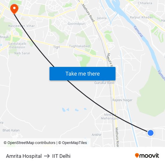 Amrita Hospital to IIT Delhi map