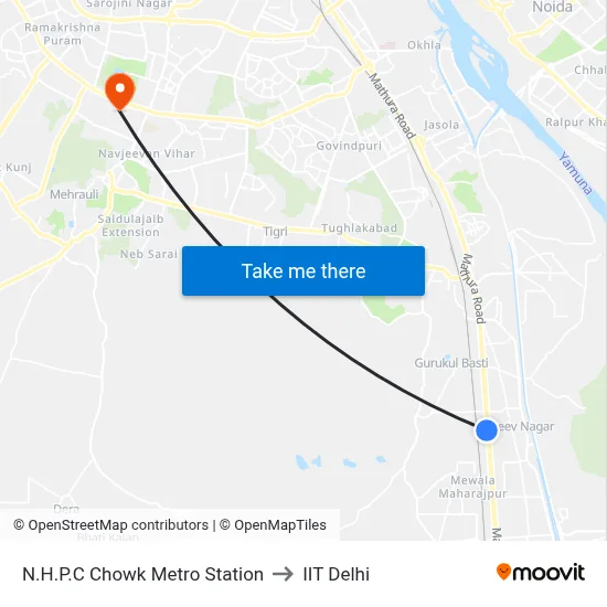 N.H.P.C Chowk Metro Station to IIT Delhi map