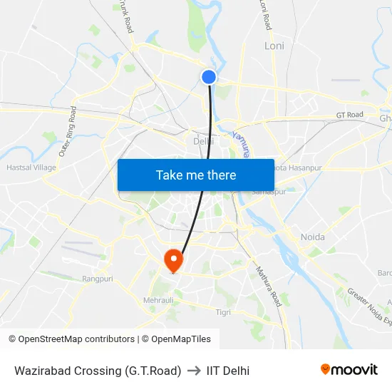 Wazirabad Crossing (G.T.Road) to IIT Delhi map