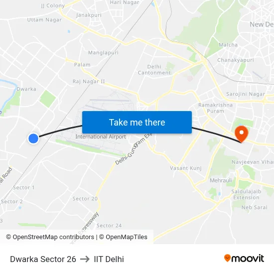 Dwarka Sector 26 to IIT Delhi map