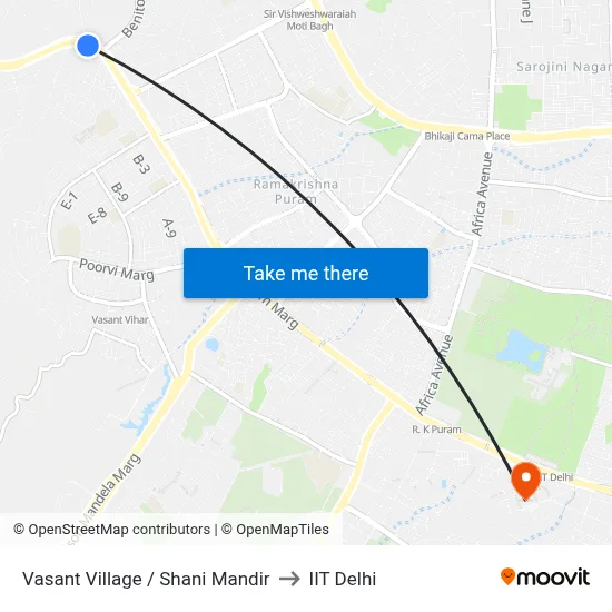 Vasant Village / Shani Mandir to IIT Delhi map