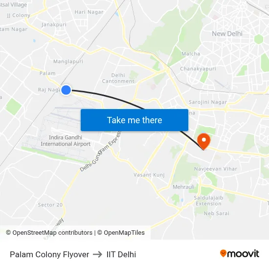 Palam Colony Flyover to IIT Delhi map