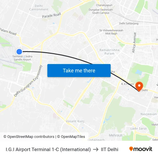 I.G.I Airport Terminal 1-C (International) to IIT Delhi map
