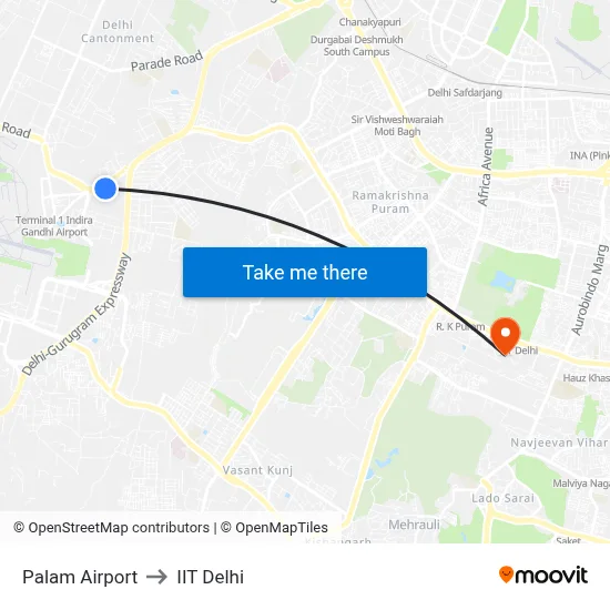 Palam Airport to IIT Delhi map