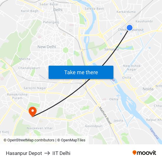 Hasanpur Depot to IIT Delhi map