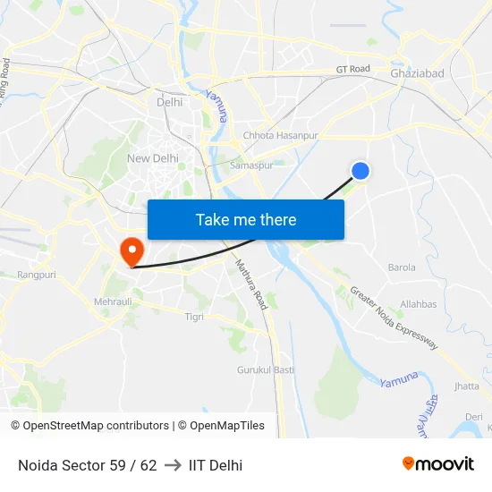 Noida Sector 59 / 62 to IIT Delhi map