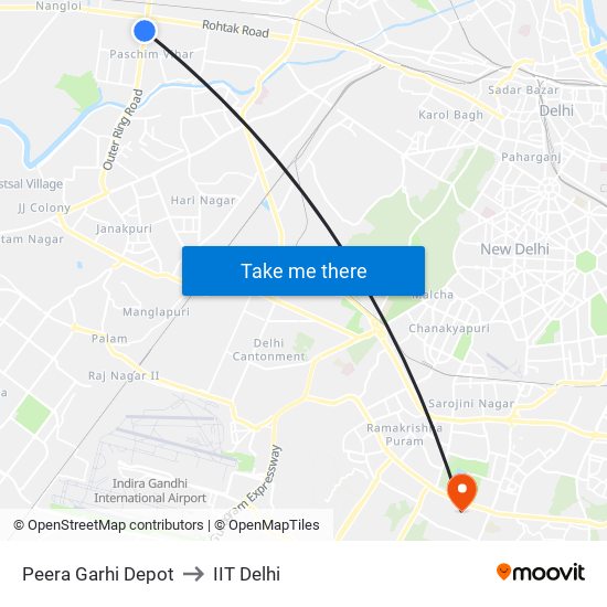 Peera Garhi Depot to IIT Delhi map