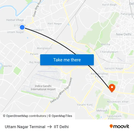 Uttam Nagar Terminal to IIT Delhi map