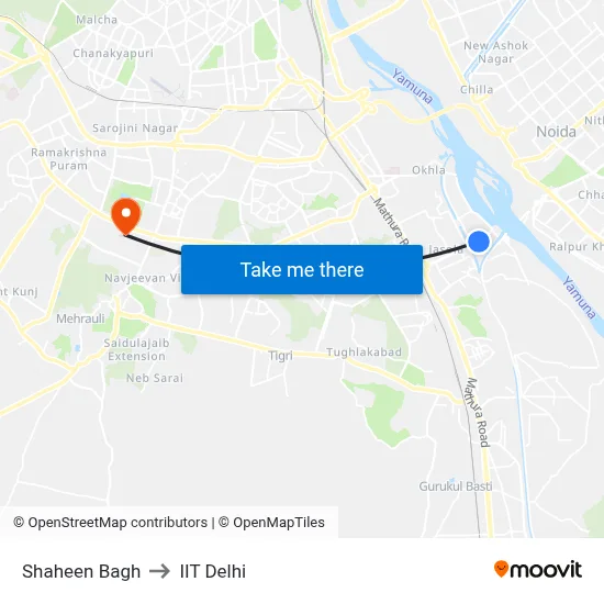 Shaheen Bagh to IIT Delhi map