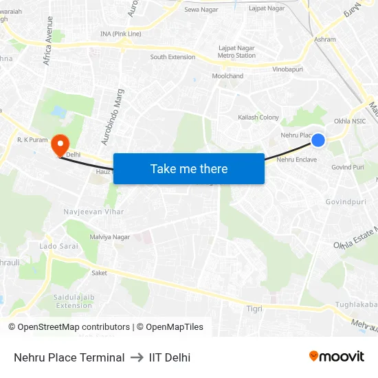 Nehru Place Terminal to IIT Delhi map