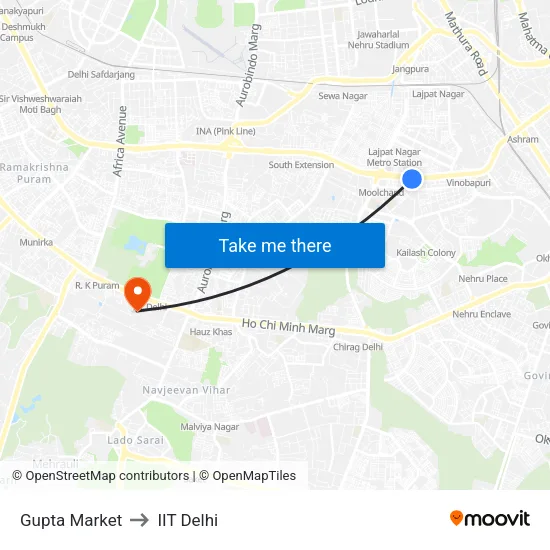 Gupta Market to IIT Delhi map