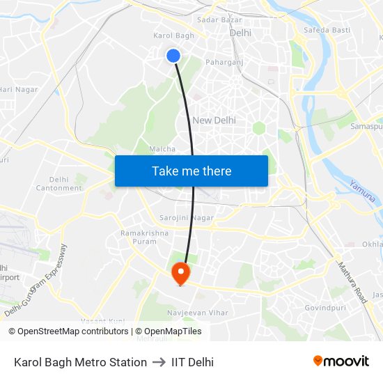 Karol Bagh Metro Station to IIT Delhi map