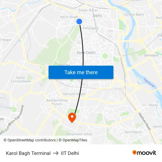 Karol Bagh Terminal to IIT Delhi map