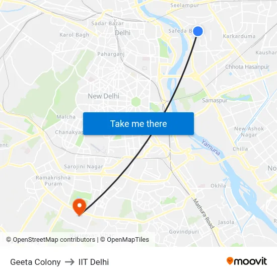 Geeta Colony to IIT Delhi map