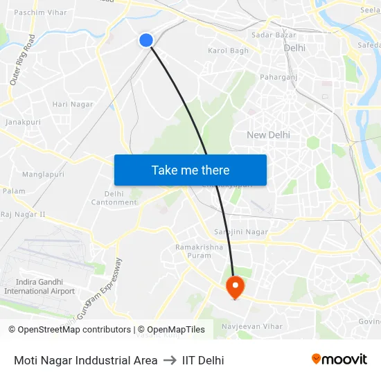 Moti Nagar Inddustrial Area to IIT Delhi map