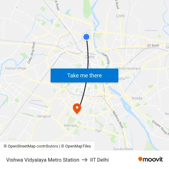 Vishwa Vidyalaya Metro Station to IIT Delhi map