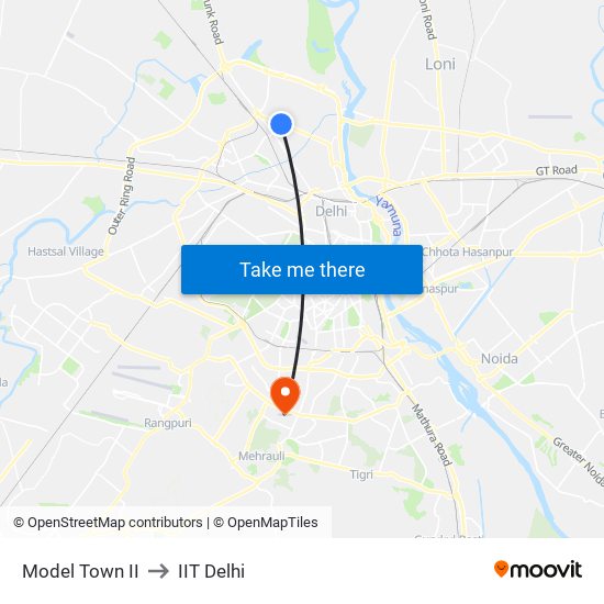 Model Town II to IIT Delhi map