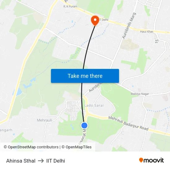 Ahinsa Sthal to IIT Delhi map