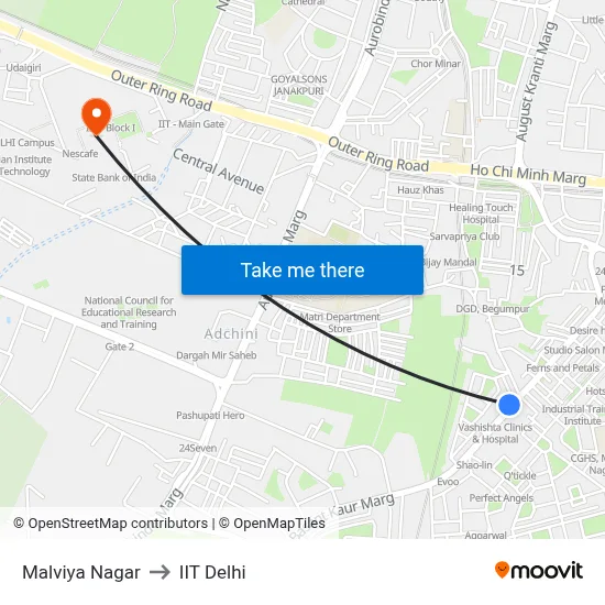 Malviya Nagar to IIT Delhi map