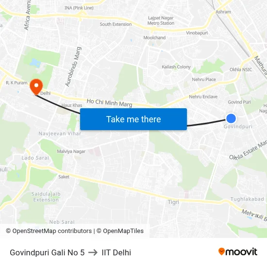 Govindpuri Gali No 5 to IIT Delhi map