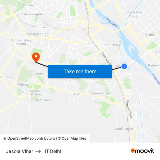 Jasola Vihar to IIT Delhi map