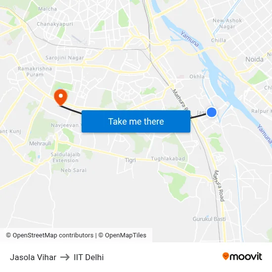 Jasola Vihar to IIT Delhi map