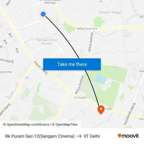 Rk Puram Sec-12(Sangam Cinema) to IIT Delhi map