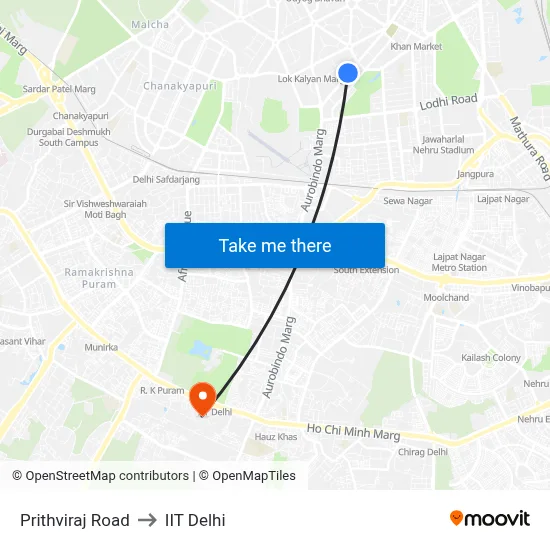 Prithviraj Road to IIT Delhi map
