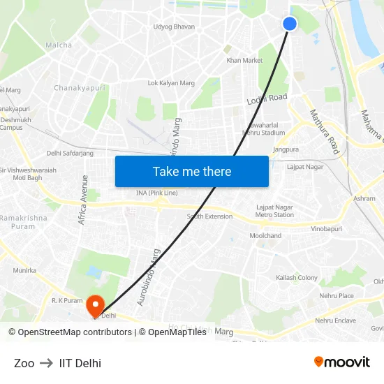 Zoo to IIT Delhi map