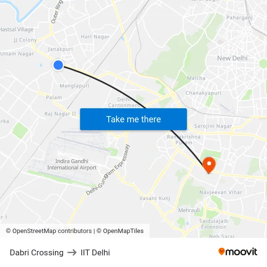Dabri Crossing to IIT Delhi map