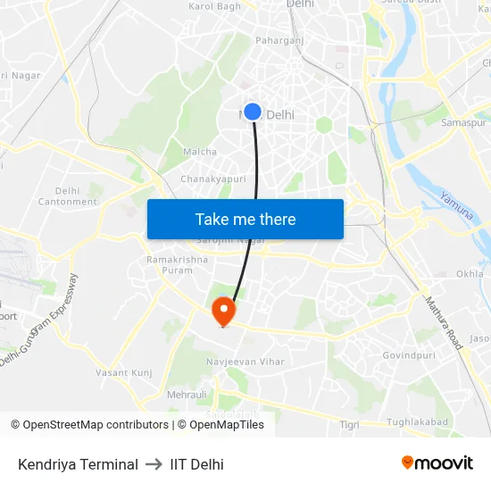Kendriya Terminal to IIT Delhi map