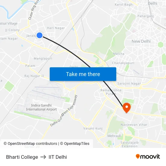 Bharti College to IIT Delhi map