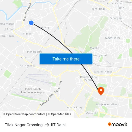 Tilak Nagar Crossing to IIT Delhi map
