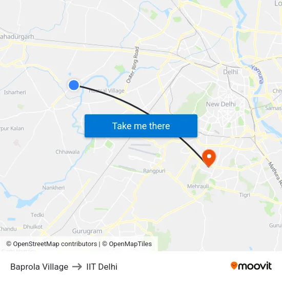 Baprola Village to IIT Delhi map