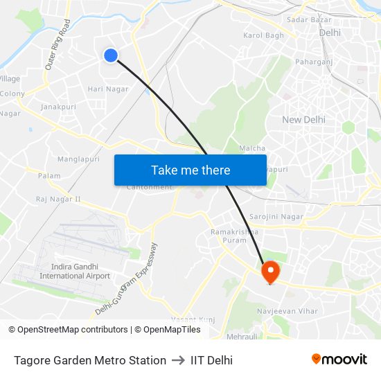 Tagore Garden Metro Station to IIT Delhi map