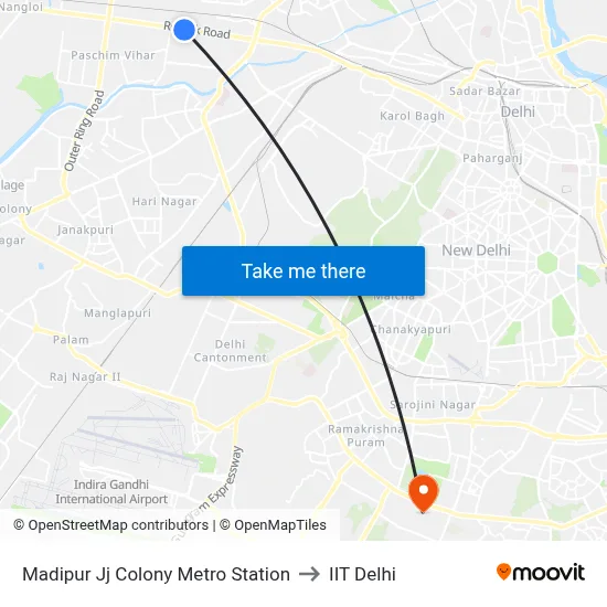 Madipur Jj Colony Metro Station to IIT Delhi map