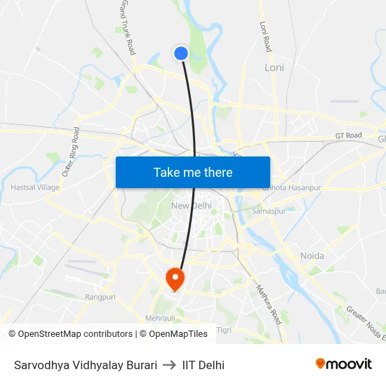 Sarvodhya Vidhyalay Burari to IIT Delhi map