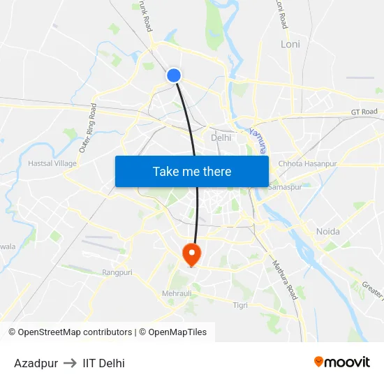 Azadpur to IIT Delhi map