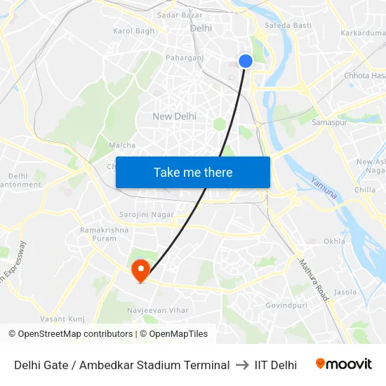 Delhi Gate / Ambedkar Stadium Terminal to IIT Delhi map