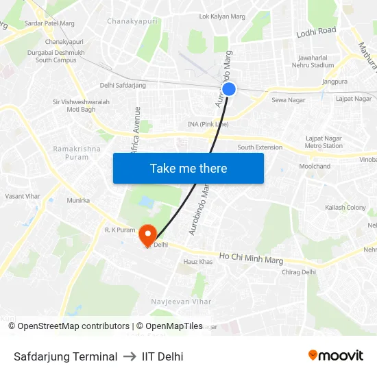 Safdarjung Terminal to IIT Delhi map