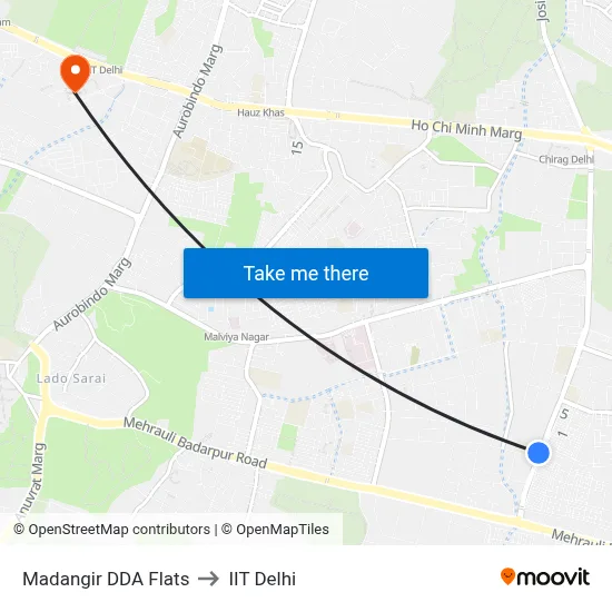 Madangir DDA Flats to IIT Delhi map