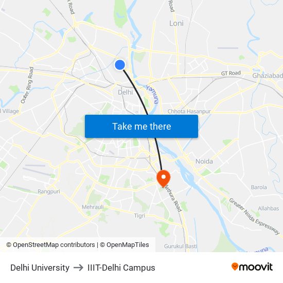 Delhi University to IIIT-Delhi Campus map