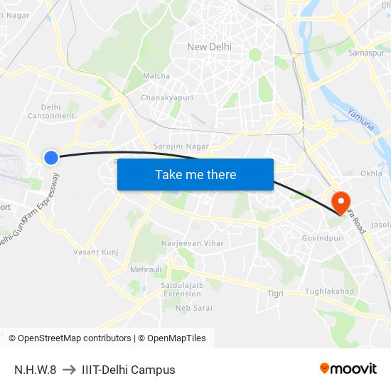 N.H.W.8 to IIIT-Delhi Campus map