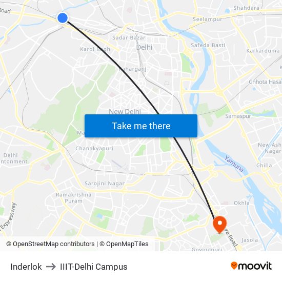 Inderlok to IIIT-Delhi Campus map